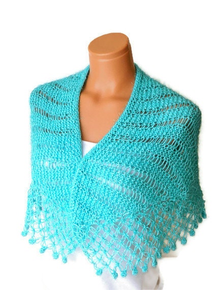 Hand knit silvery turquoise women shawl. Fashionable shawl. Personalized weave design. Stole, capelet, shawl for woman. February trends...