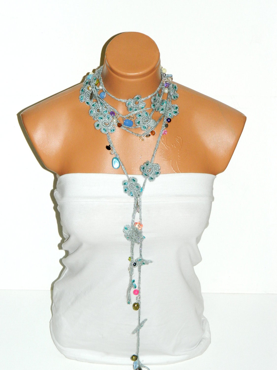 Crochet,gray, multicolor inlaid stones Flower Lariat Scarf. Fashion Flower Scarves, Necklace...