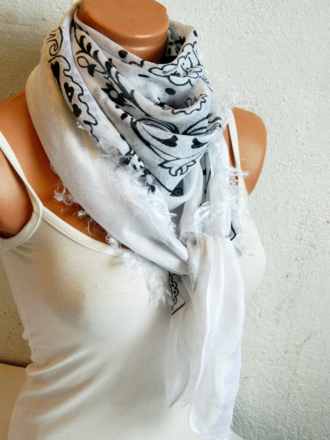 Woman Scarf White Black , Turkish Yemeni OYA Scarf .bridal,scarf,authentic,elegant, fashion, personalized design. Wedding scarf for bride...