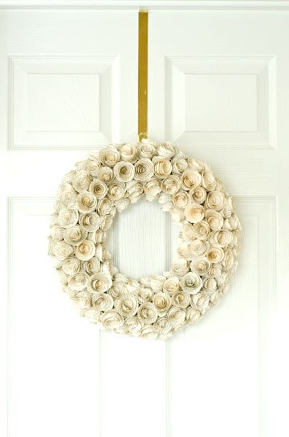 Medium Book Page Rosette Wreath 17 Inch - Upcycled Wedding, Birthday or Anniversary Gift - Spring Shabby Chic Eco Friendly Green Home Decor
