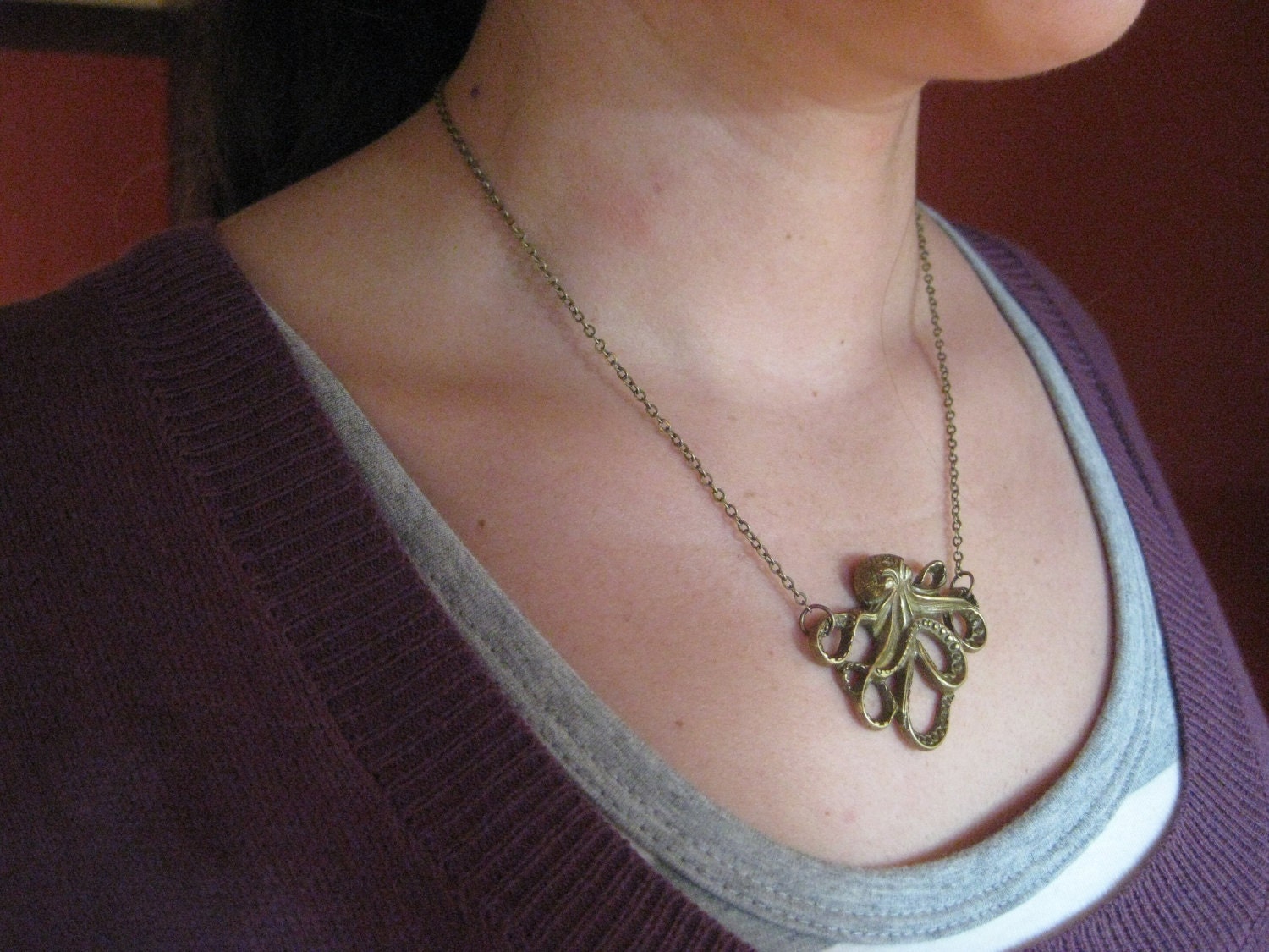 Small Antique Bronze Octopus necklace, steampunk style, nautical theme