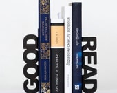 Modern  bookends - Good read - for home or public library, black, laser cut from metal thick enough to hold a bunch of books
