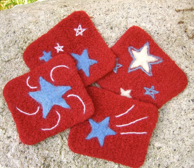 Whimsical Red, White and Blue Star Coasters -- Needle-felted 100% Wool