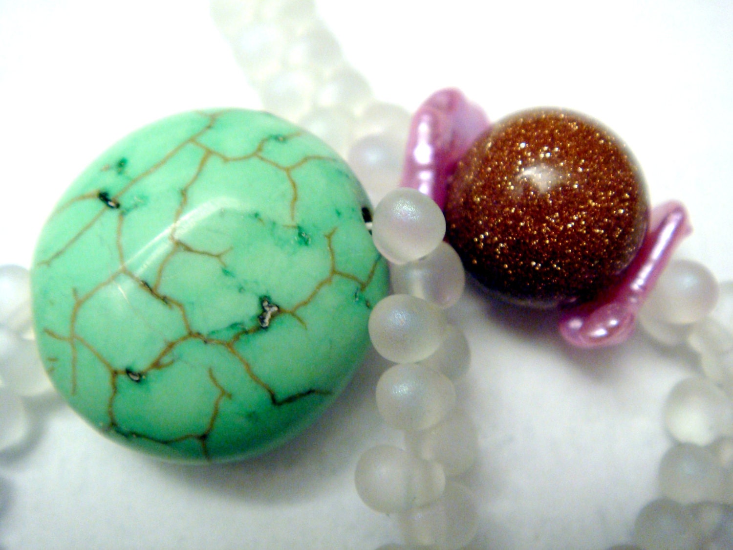 Chalk Green Turquoise Necklace with Goldstone and Pink Petal Pearls
