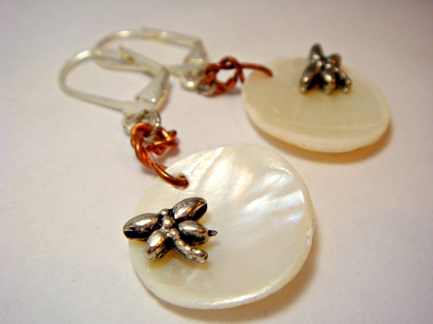 Pewter Dragonfly and Pearly Shell Earrings