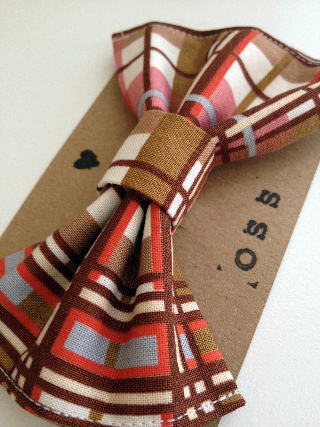 Handmade Fabric Hair Bow Clip - Brown, Pink, Red and Blue Plaid