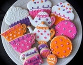 Neon and Bright Colors- Tea Party Decorated Cookies- Teapots, cupcakes, teacups and flowers