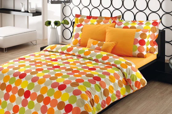 Custom Queen Size Pumpkin Orange Yellow Green Grey Polka Dots Print Bedding Set