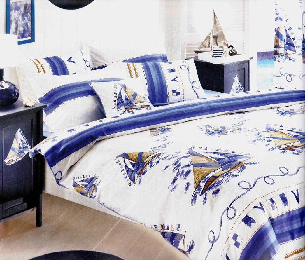Custom Queen or Double Size Navy Blue White Backround Sailing Boat Printed Marine Nautical Bedding Set