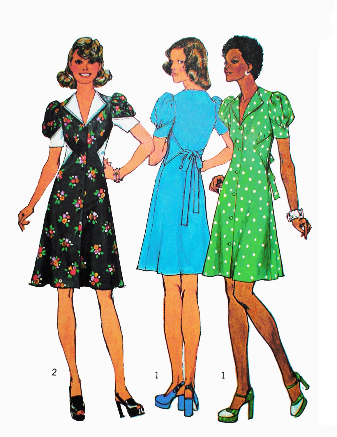 1974 Retro Rockabilly Flared Dress in Knee and Mini Lengths, 1950s Styling, Puff Sleeves with Tie Back, Simplicity, Bust 34", Uncut