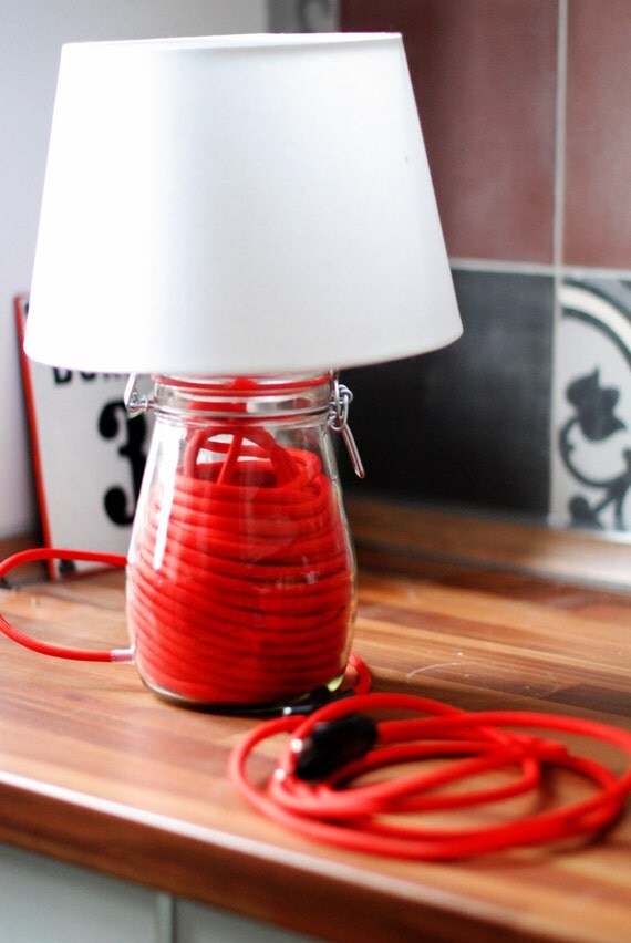 Preserving jar lamp with red textilcable