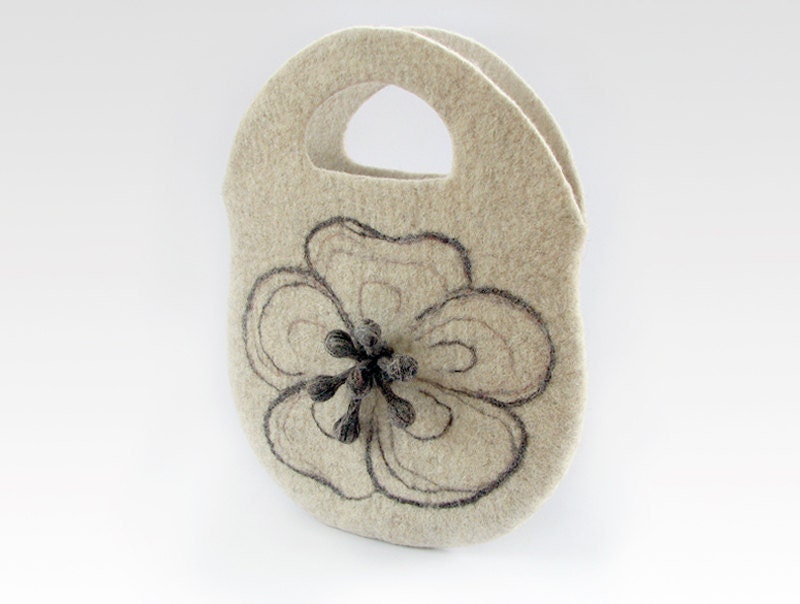 Natural beige felted handbag, eco friendly,  flower bag