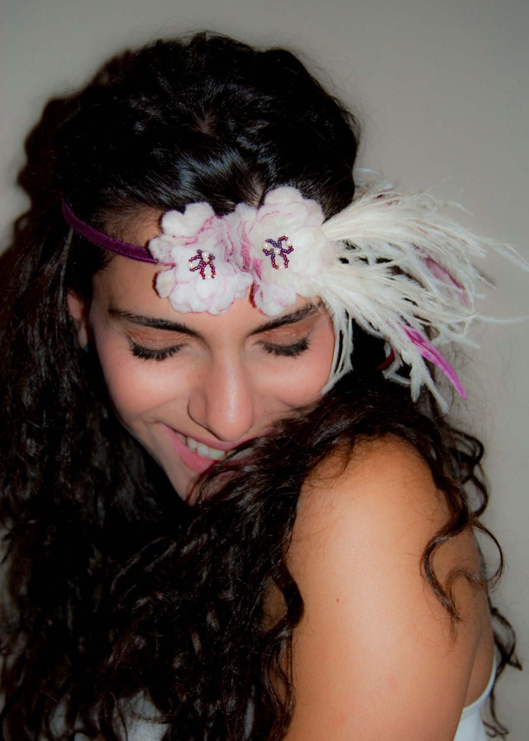 Flapper headpiece, bohemian 1920s eco-friendly bridal made in Vermont.  Nuno felted flowers, can be worn as a necklace or waist corsage