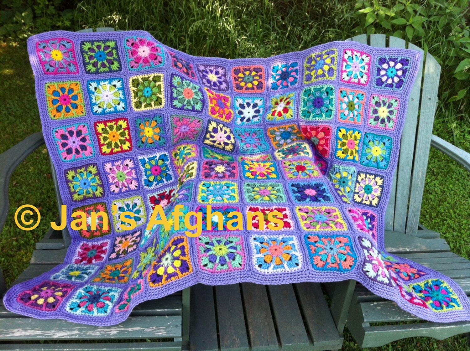 Crocheted afghan kaleidoscope granny squares with lavender border MADE TO ORDER