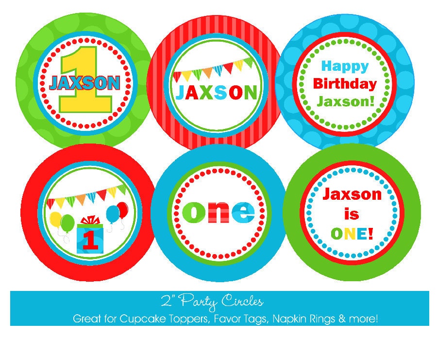 Primary Bright Printable Party Circles, DIY Personalized Bright Birthday Boy Cupcake Toppers, Favor Tags