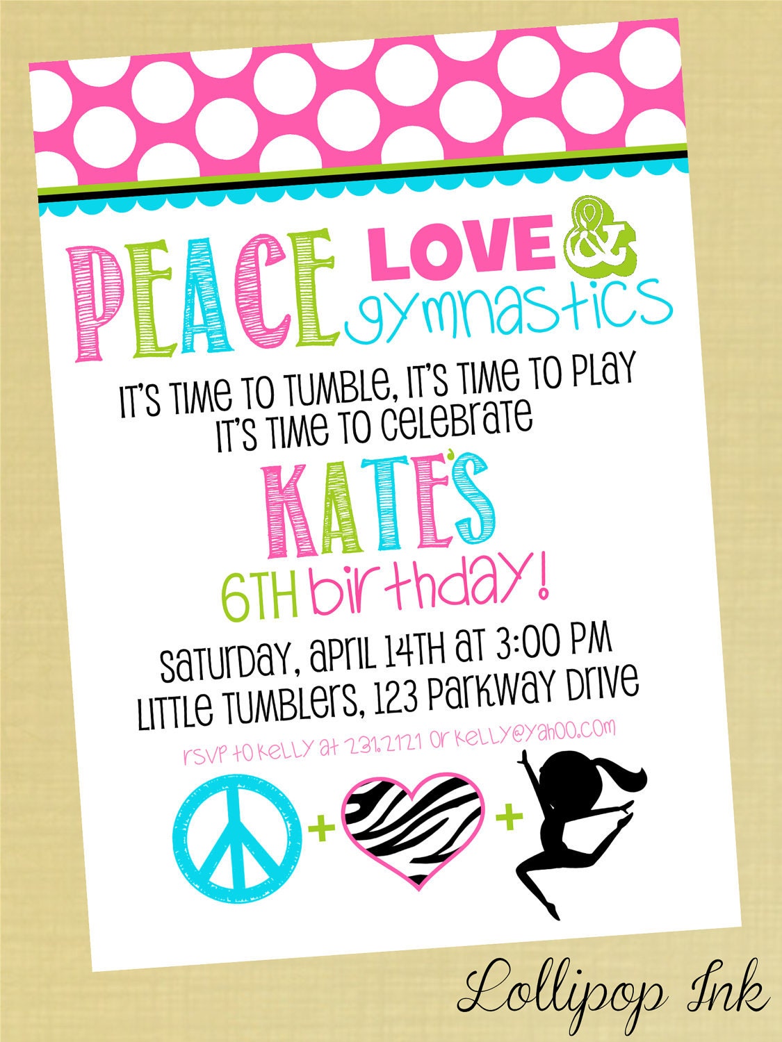 Gymnastics Printable Birthday Invitation, Peace Love Gymnastics Personalized Birthday Invite