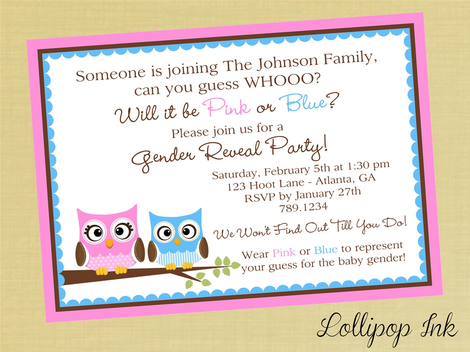 Gender Reveal Owl Baby Shower  Printable Invitation, Gender Reveal Shower Personalized Owl Invite, Owl Gender Reveal