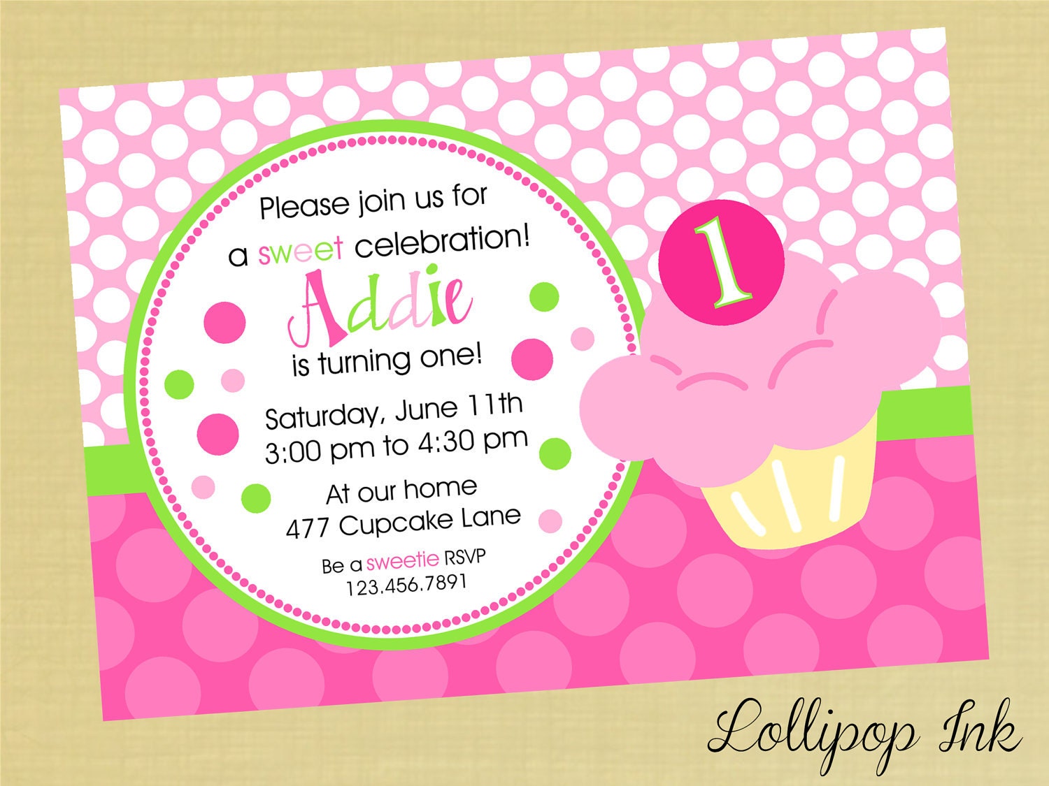 Hot Pink and Lime Cupcake Printable Birthday Invitation, Sweet Treats Personalized Birthday Invite, Hot Pink and Lime Cupcakes