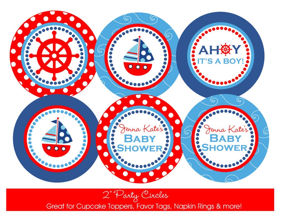 Nautical Baby Shower Printable Party Circles, DIY Nautical Themed Cupcake Toppers, Favor Tags, Sailboat