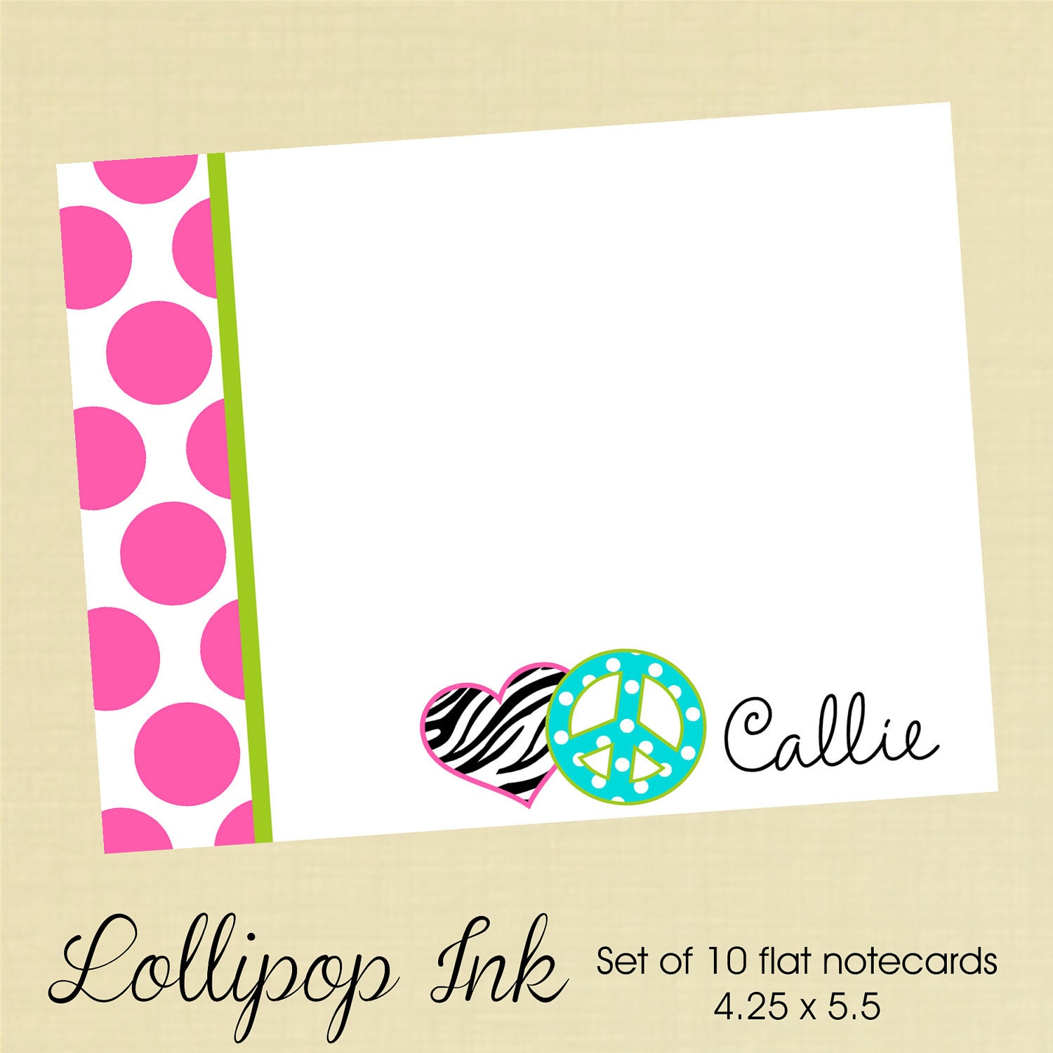 Personalized Stationery Set of 10 Zebra Heart and by LollipopInk