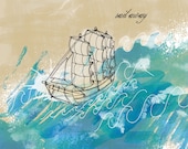 7x5" Ship Giclee Print of Original Illustration by Sail and Swan