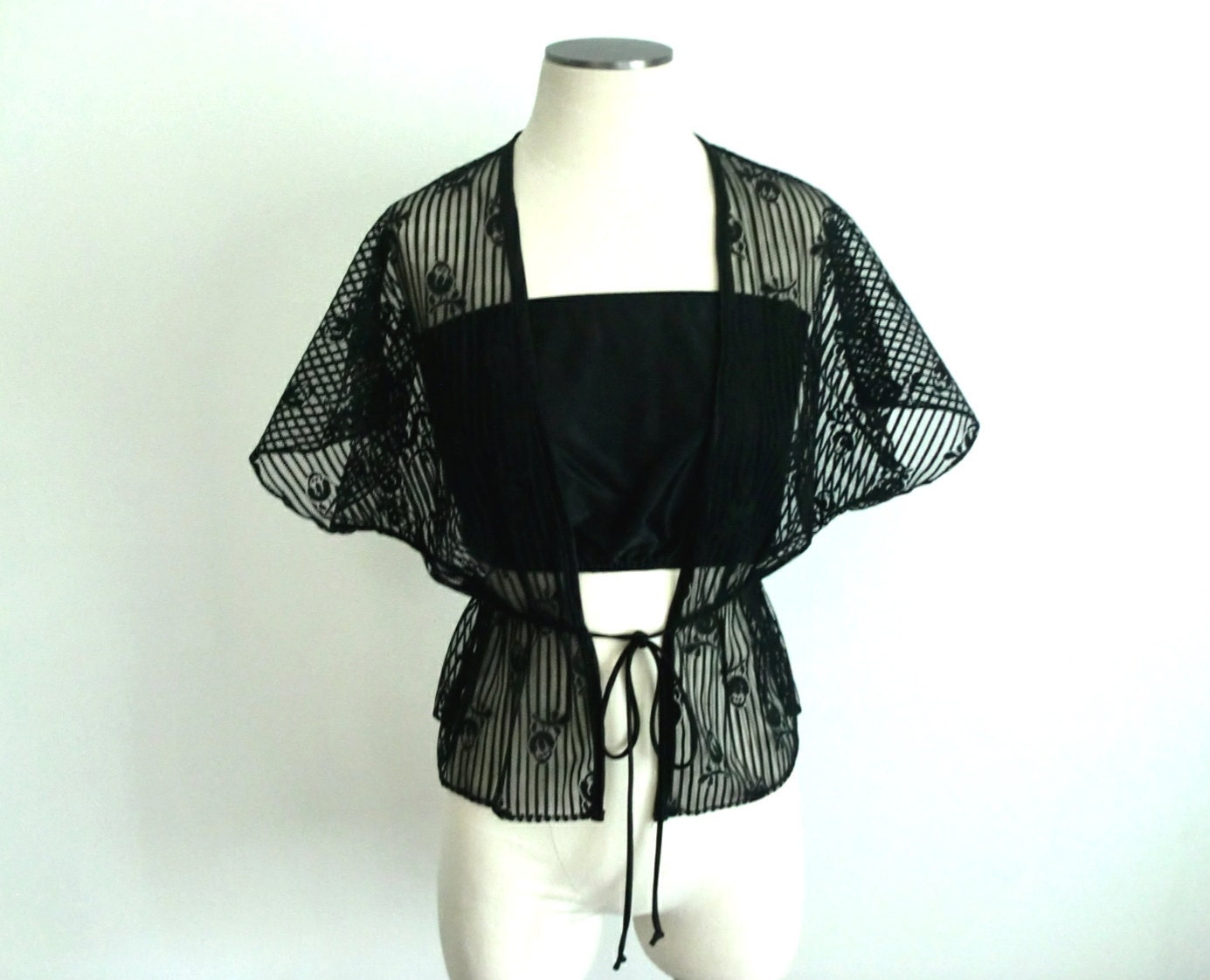 70s See Through Black Blouse 2 Piece Set - Tube Top And Risque Stiff Lace Cover Jacket With Wide Sleeves