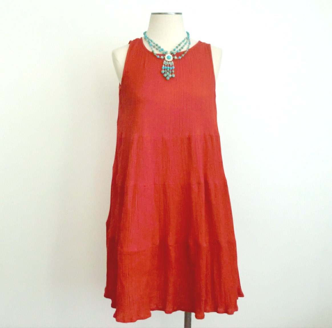 Vibrant Red Summer Tent Dress - Crinkle Guaze Material - Festival Beach Cover Up