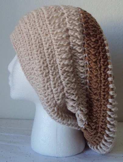 Striped Crochet Slouchy Beret/Hat - Adult Size Large - Chocolate Almond Color