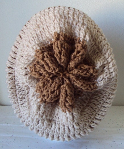 Striped Crochet Slouchy Beret/Hat - Adult Size Large - Chocolate Almond Color