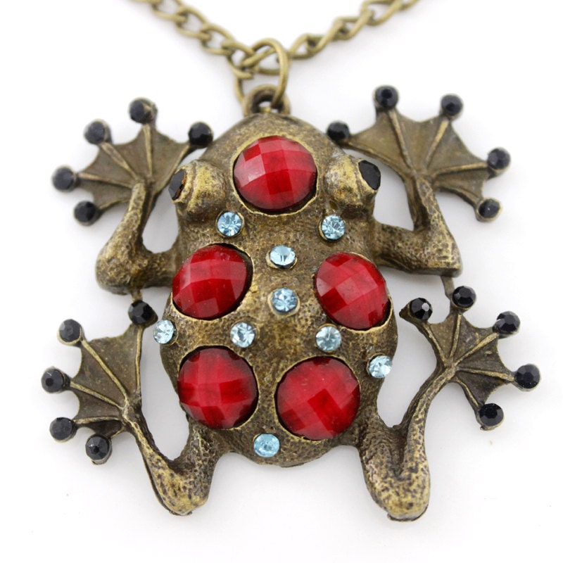 CUTE Retro Gold-tone RED Frog Pendant NECKLACE