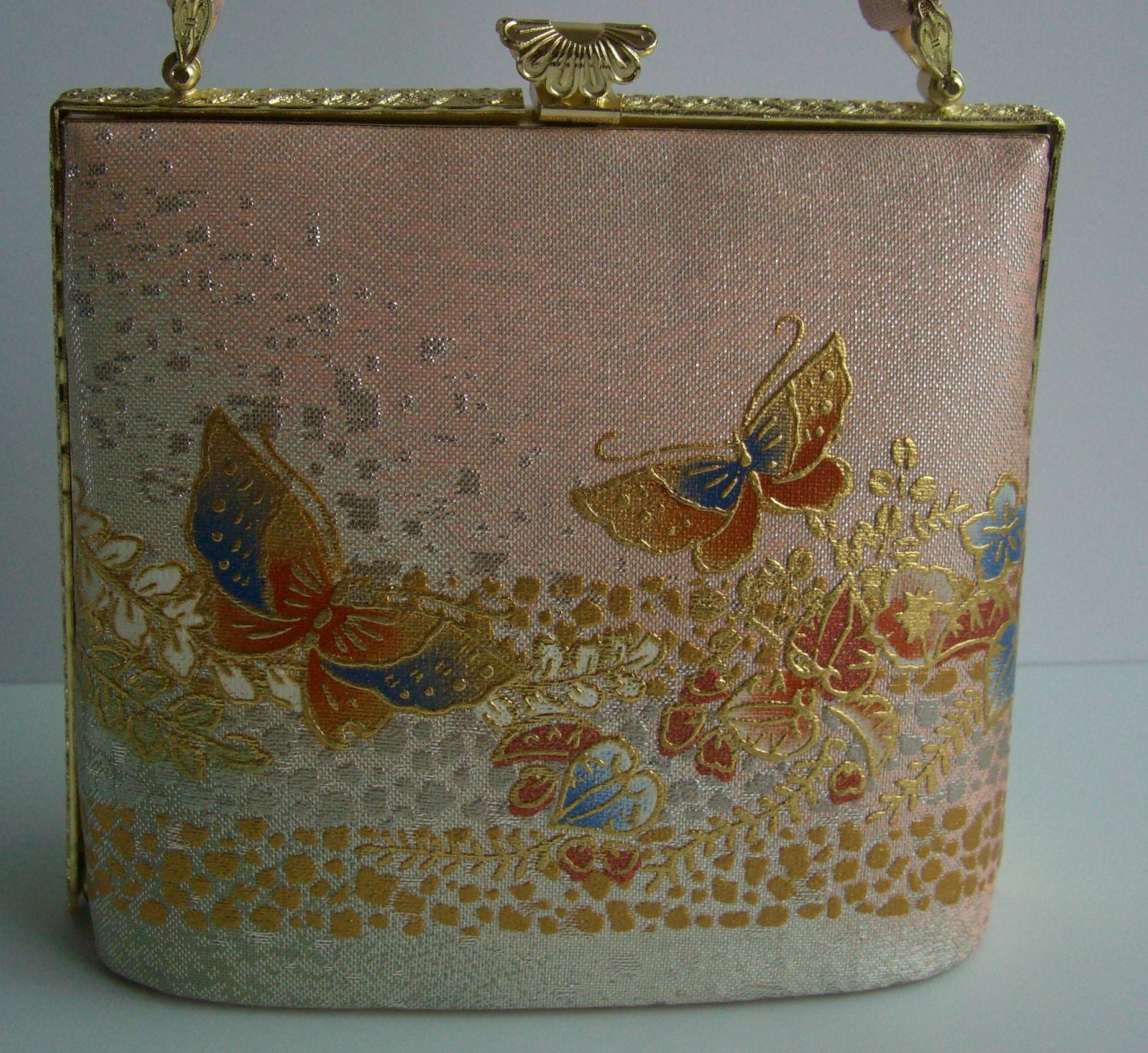 RESERVED for OLYMPE Wedding handbag, pink and gold silk brocade, 1990 vintage Japanese kimono bag