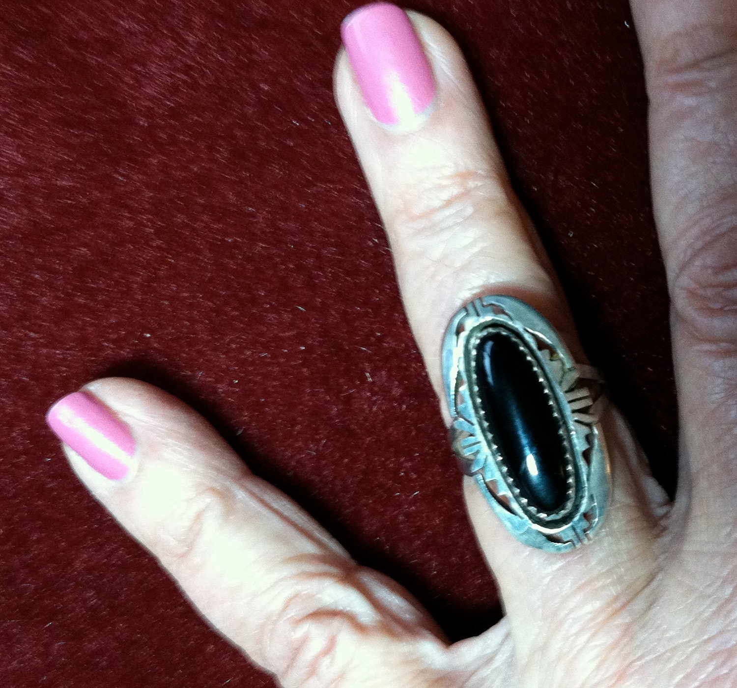 Vintage Black Onyx Ring - Southwestern Design - Size 7-71/2