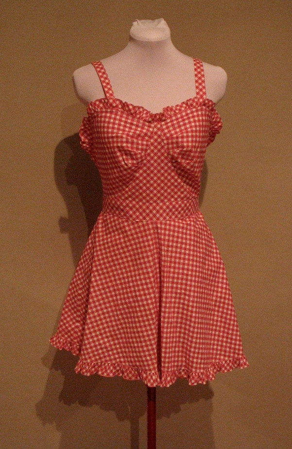 Vintage Late 40s Early 50s Red Gingham Playsuit with Ruffles - AS IS