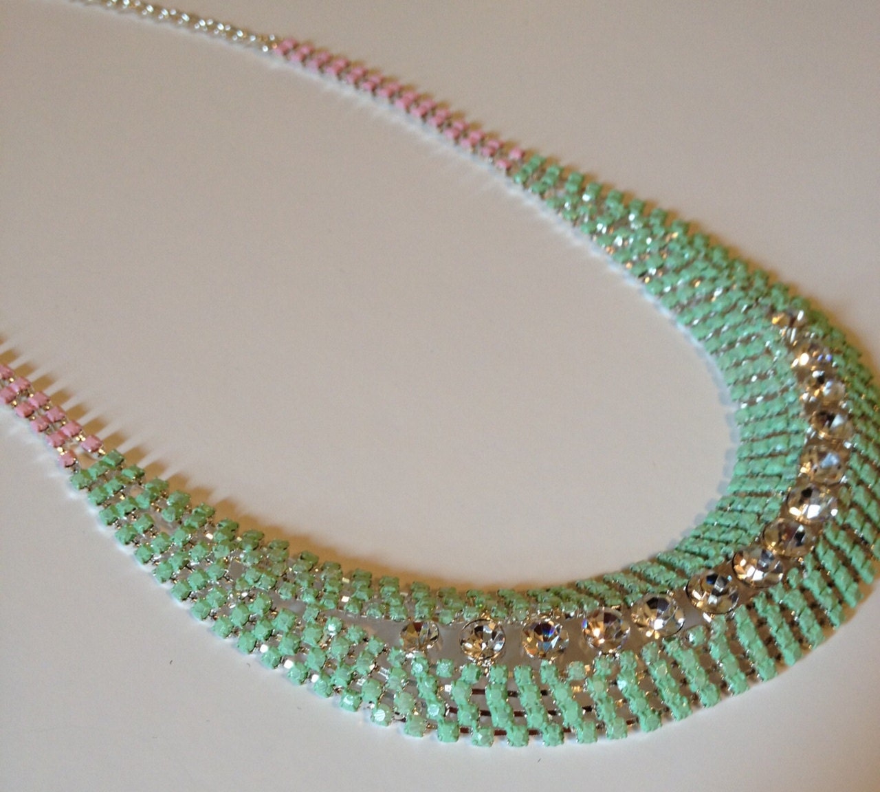 LAST ONE // The Traci Necklace, Pastel Mint Green and Pink Painted Rhinestones Inspired by Tom Binns Statement Necklace