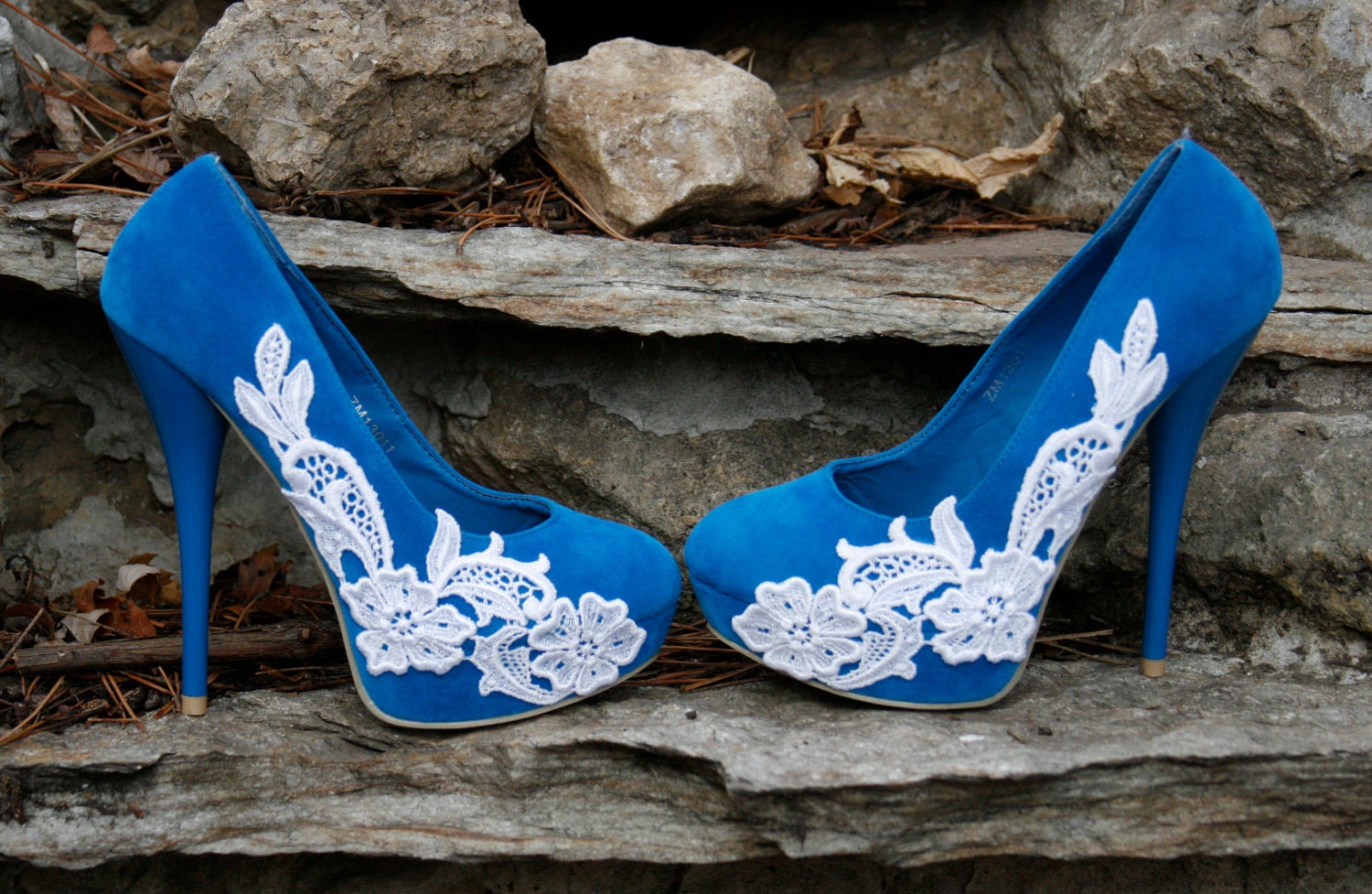 Turquoise Wedding Heel With Venise Lace Applique.