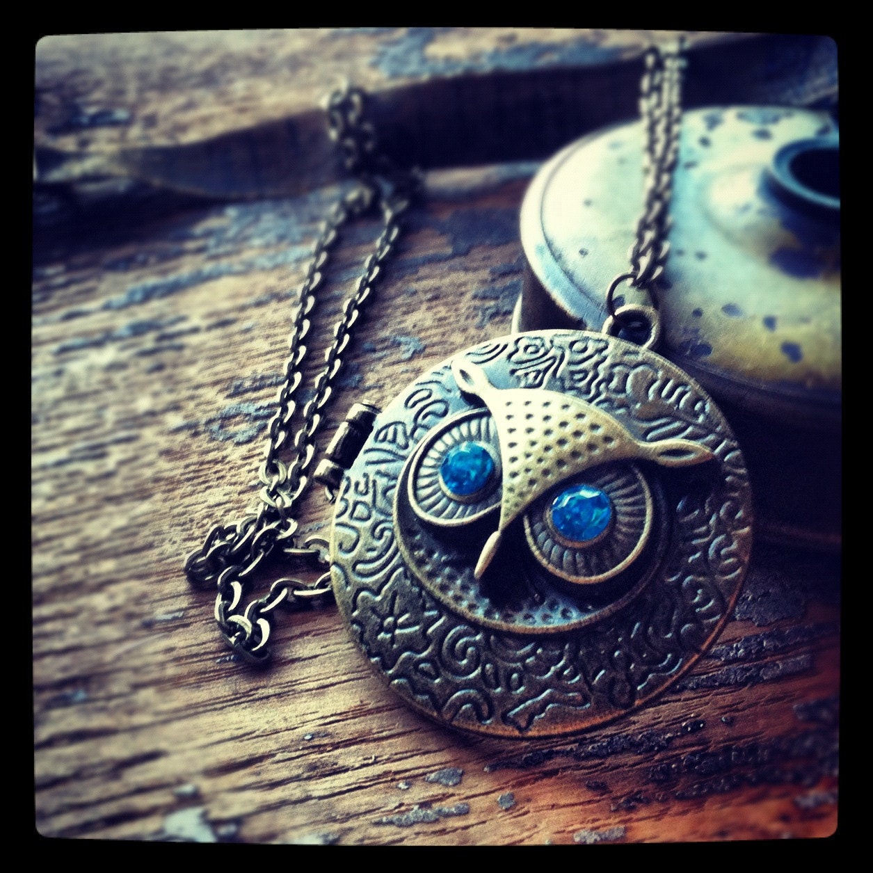 Steampunk Owl Locket Necklace hoot Blue Jewel eyes antique brass chain pendant vintage jewelry
