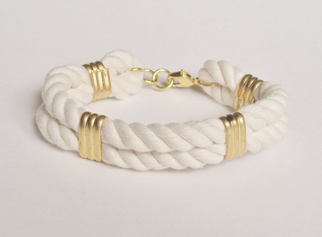 nautical white rope bracelet with gold beads