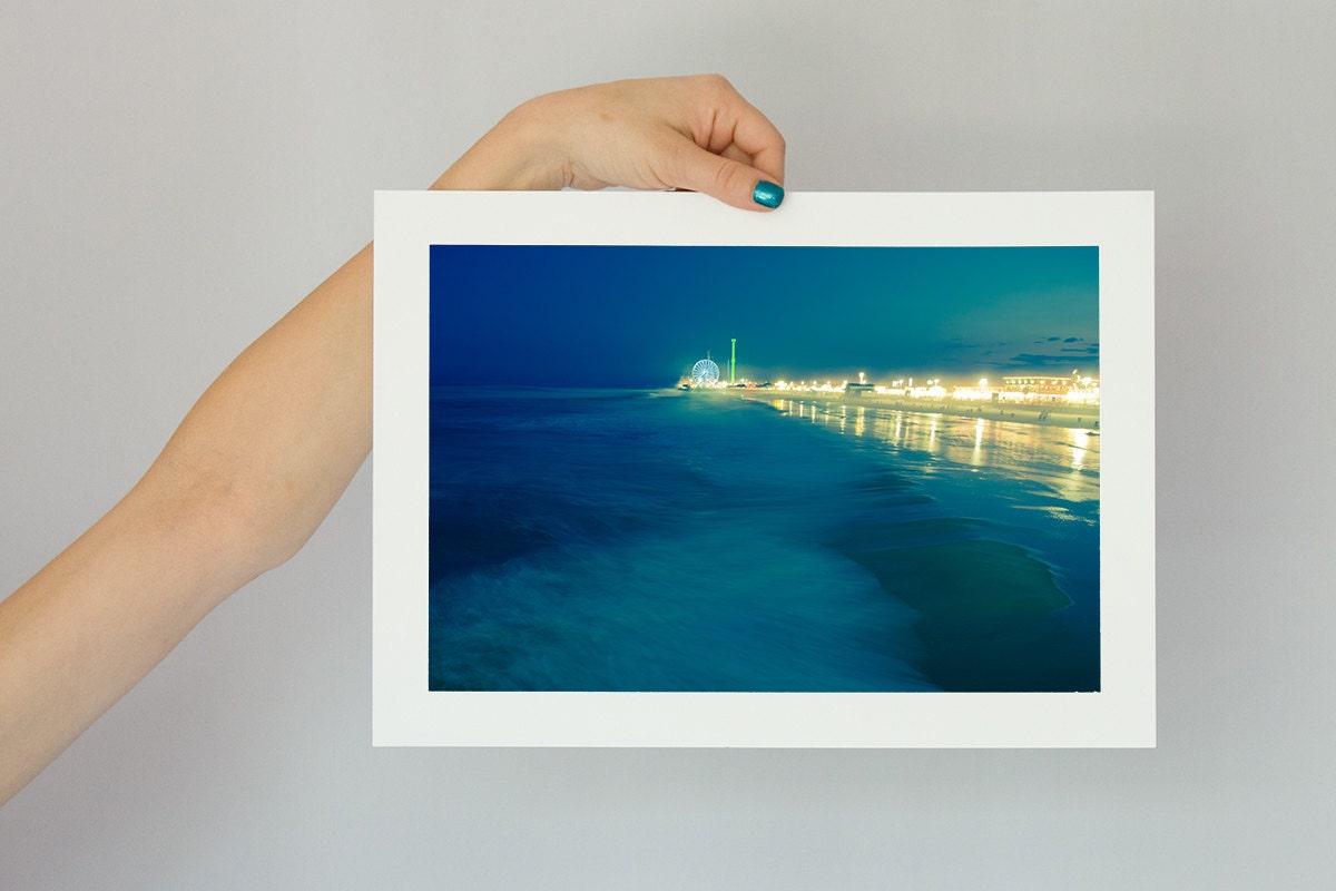 Surreal Photography Art Print Teal Blue, Amusement Park and Ocean Waves, New Jersey Summer Storm, Beach Photograph 8x12 - stoevvalentin
