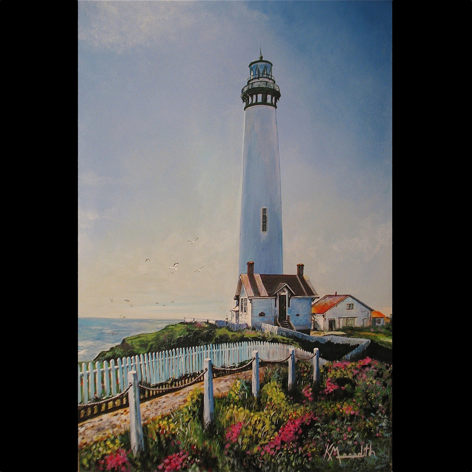Lighthouse and wild flowers an original painting