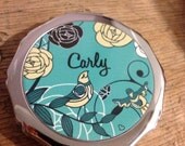 Personalized Compact Mirror- Teal, black white cream bird and flower retro image pocket mirror- Great gift idea birthday gift
