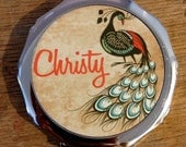 Personalized Compact Mirror- Beautiful peacock bird and retro image pocket mirror- Great Bridal / bridesmaid gift idea birthday gift