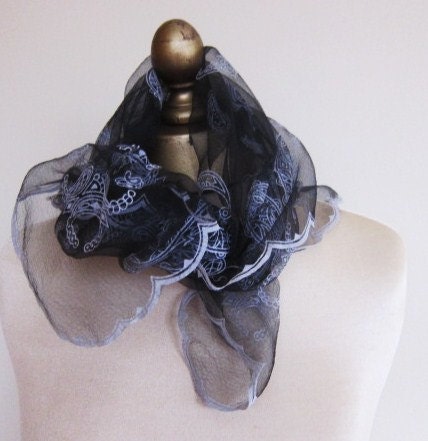 1950s black sheer chiffon flocked scarf
