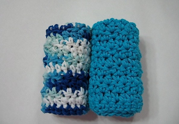Crocheted Cotton Dishcloths Turquoise Blue White Set of 2