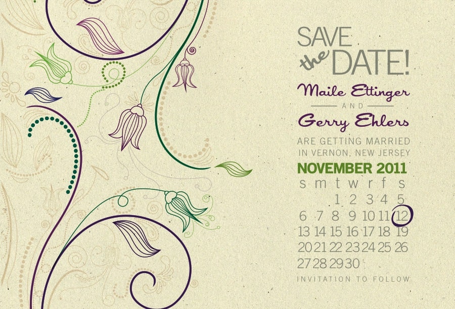 Vintage Elegant Texture Save the Date Purple and Green