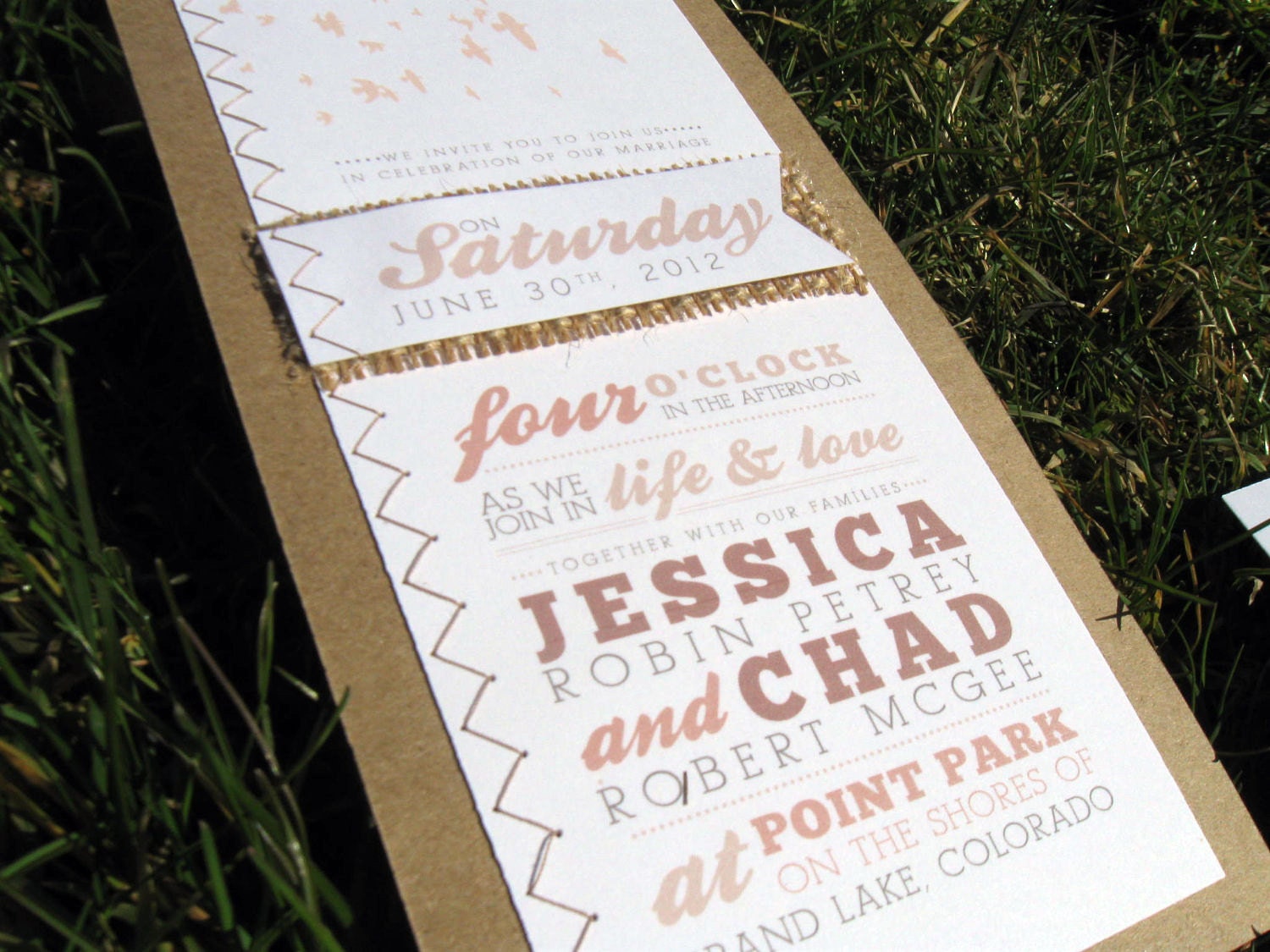 CUSTOM LISTING for criley26- Lovebirds - Pink Beige Kraft Burlap Sewn Wedding Invitations Rustic Woodland Country Shabby Chic