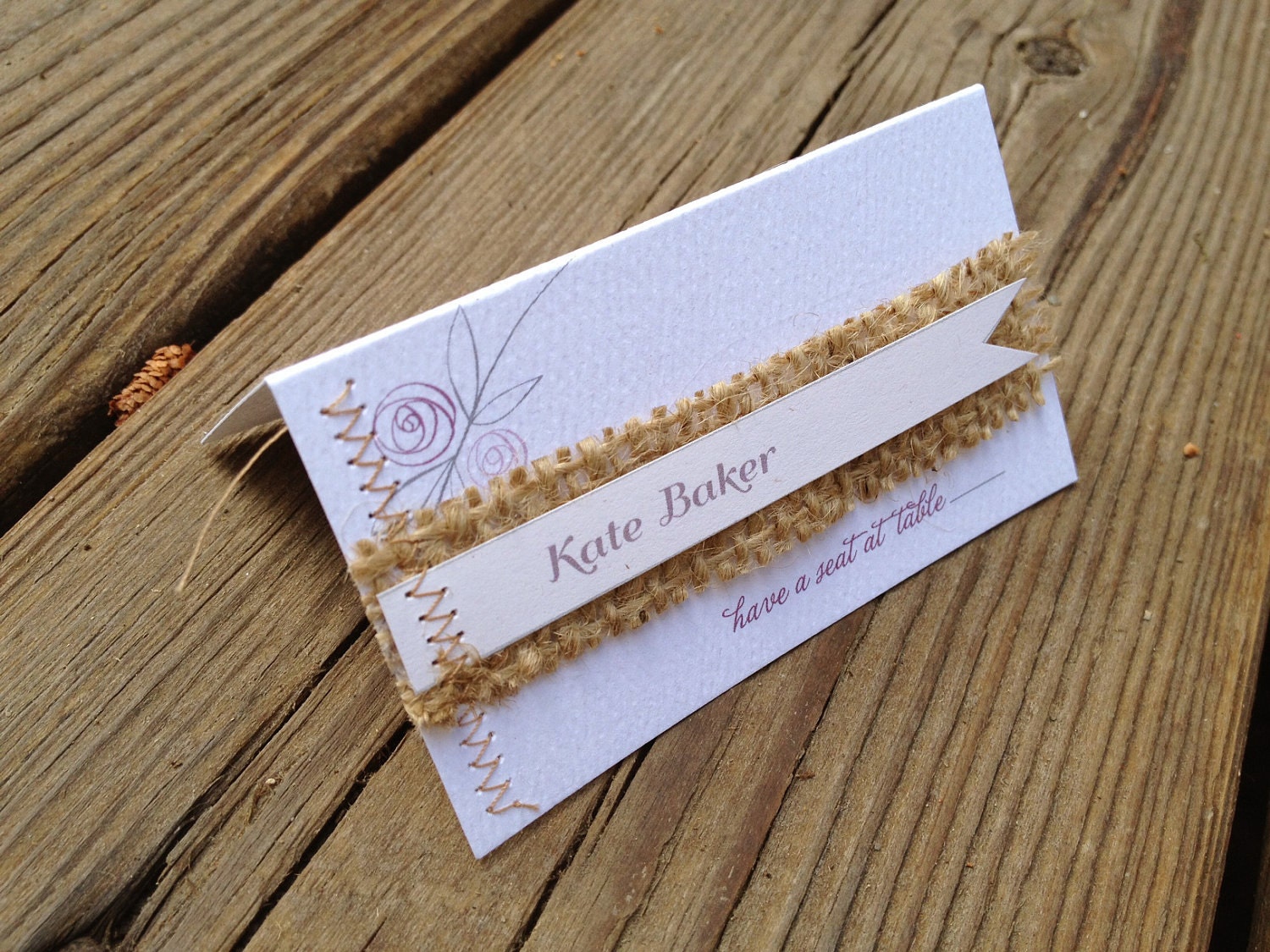 Place Card TeaRoses- Unique Escort Card Sewn Rustic Woodland Shabby Chic