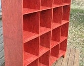 modular OSB stained red bookcase cubby storage two by two