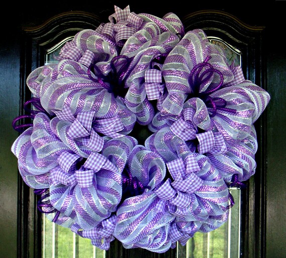 Items Similar To Deco Mesh Purple And White Stripe Wreath With Purple ...