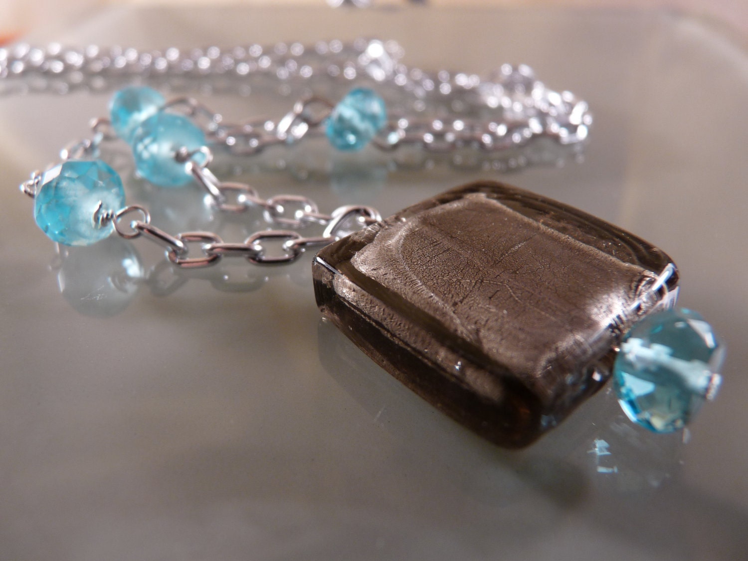On SALE: Square Gray Glass Bead Pendant with Blue Recycled Gems