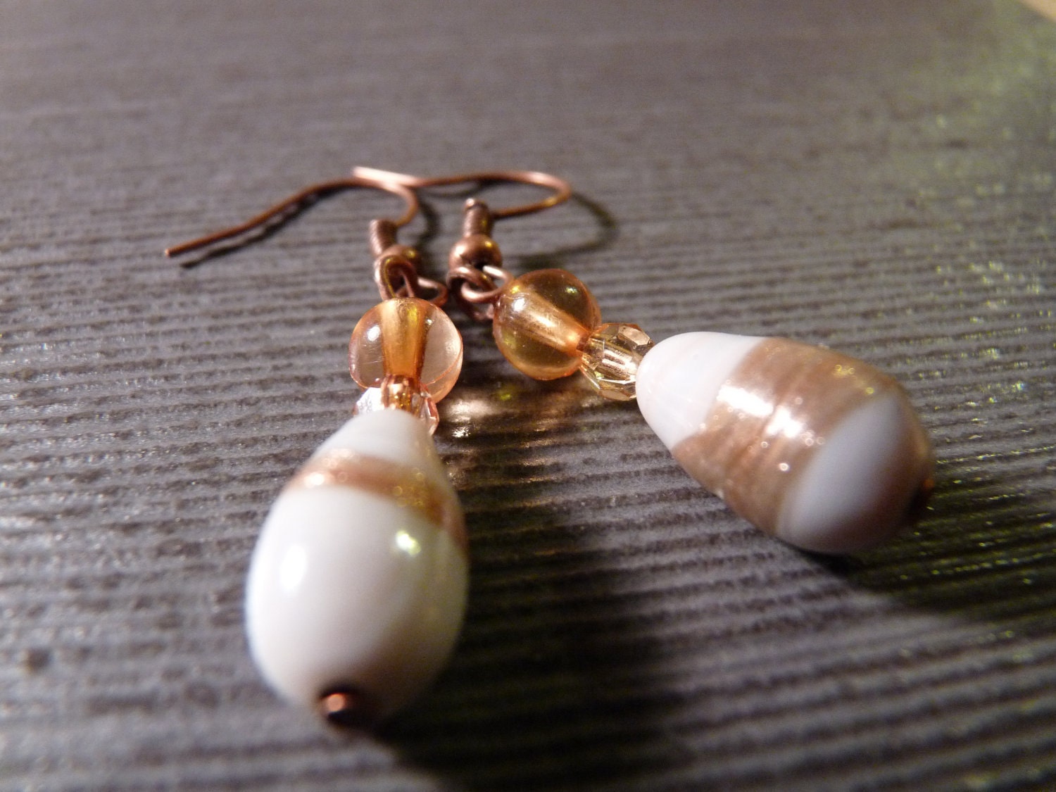 Recycled Shiny White, Orange, Gold Small Drop Earrings